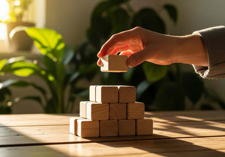 A hand building a pyramid with wooden blocks on a table in a bright room with plants