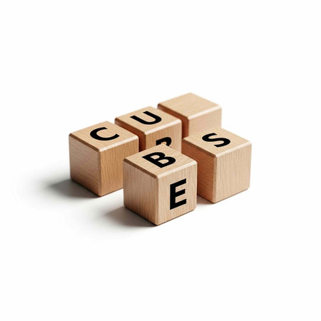 A close-up of wooden blocks with letters forming the word CUBE on a white background