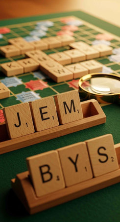 A close-up of a Scrabble board with tiles and a magnifying glass on a green surfaceの写真素材