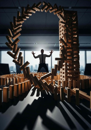 A man stands in an office surrounded by falling dominoes, symbolizing chaos and crisis management.の写真素材