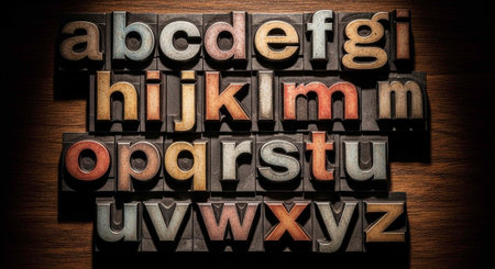 A collection of vintage wooden alphabet blocks arranged on a dark wooden surface