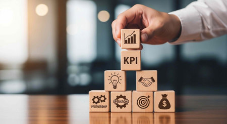A hand stacking wooden blocks with business strategy icons in a modern office setting for success