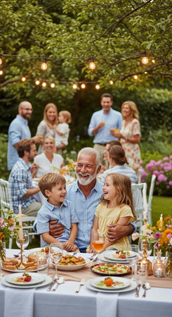 A happy family gathers around a beautifully set table in a lush garden for a festive outdoor mealの写真素材