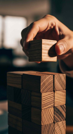 A hand carefully placing a wooden block on top of a stack of blocks in a strategic game