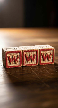 Three wooden blocks with red letter W on a dark brown table