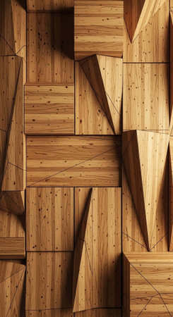 A close-up view of a wooden wall with geometric shapes and patterns