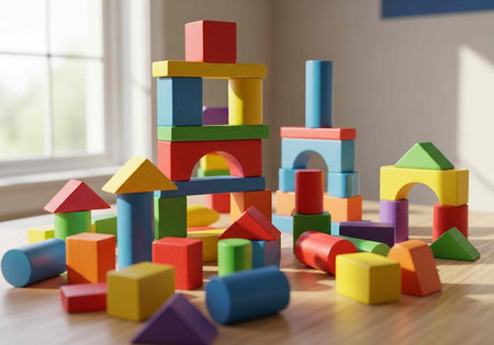 A colorful arrangement of wooden blocks on a table in a bright room with a window