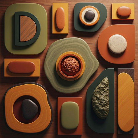 A collection of abstract shapes and objects on a wooden surface