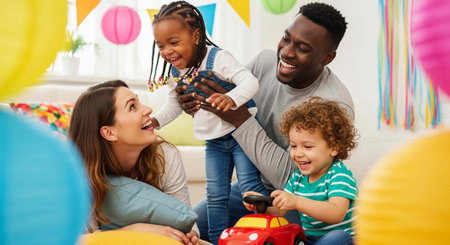 A happy family of four playing together in a colorful playroom with balloons and toysの写真素材