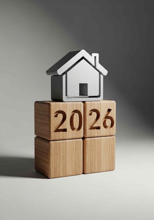 A small white house model sits atop wooden blocks with the year 2026 engraved on them.