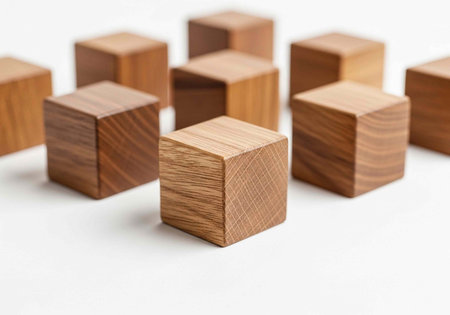 A collection of wooden blocks arranged on a white surface in a neat and organized manner.
