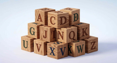 A stack of wooden alphabet blocks arranged in a pyramid shape on a white background