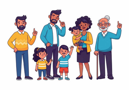 A diverse multigenerational family stands together with a unified gesture of pointing upwards in a...