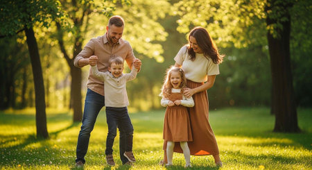 A happy family of four enjoying a playful moment together in a beautiful park on a sunny day
