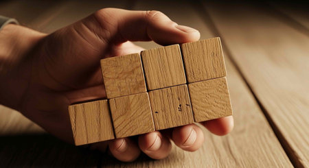 A hand holding a puzzle piece made of wooden blocks on a wooden surfaceの写真素材
