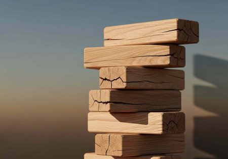 A precarious stack of wooden blocks against a serene background
