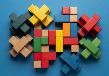 A colorful arrangement of wooden blocks and puzzle pieces on a blue background for creative playの写真素材