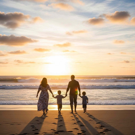 A happy family of four walking hand in hand on a beautiful beach at sunset with a serene ocean viewの写真素材