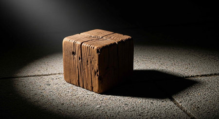 A small, weathered wooden cube sits alone on a concrete floor in a dark room with a spotlight shining on it.の写真素材