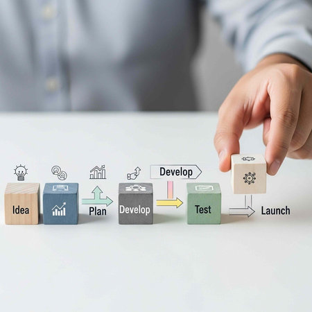 A person placing a block with a gear icon on a table with a series of blocks representing the stages of product developmentの写真素材