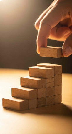A hand building a staircase with wooden blocks on a table in a dark room with a light source