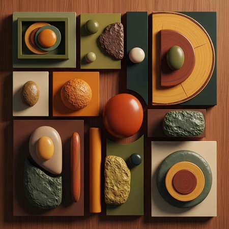 A colorful arrangement of geometric shapes and natural materials on a wooden surface
