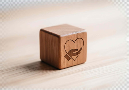 A wooden cube with a heart and hand engraving on a light surface
