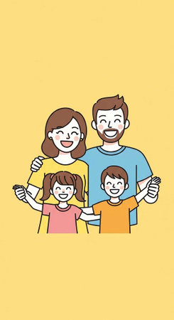 A happy cartoon family of four smiling together in a bright and cheerful atmosphere