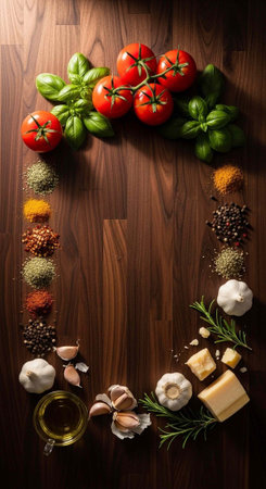 A beautifully arranged selection of fresh ingredients for cooking on a wooden table