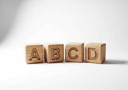 Four wooden alphabet blocks standing in a row on a white surface