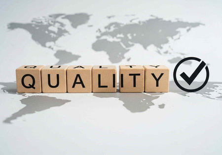 A wooden block arrangement spelling out quality with a checkmark on a world map backgroundの写真素材