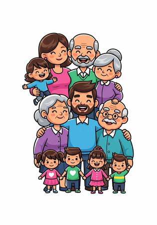 A diverse multi-generational family smiling together in a heartwarming cartoon illustration of love...