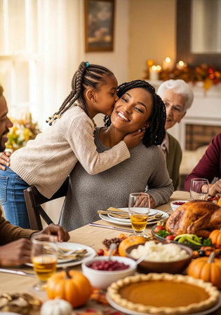 A happy African American family enjoying a Thanksgiving meal together in a warm and cozy homeの写真素材