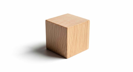 A small wooden cube sitting on a white surface with a subtle shadow underneath itの写真素材