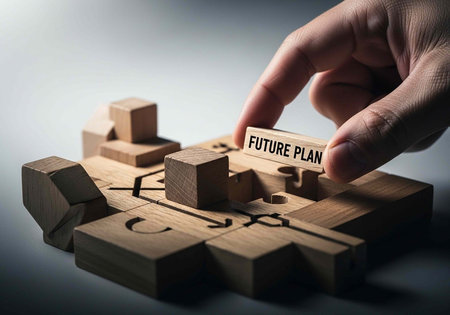 A hand placing a wooden block with the words 'FUTURE PLAN' into a puzzle