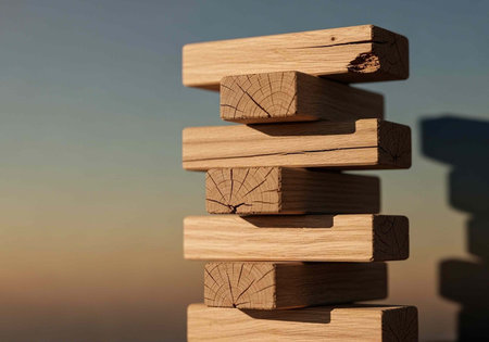 A stack of wooden blocks stands precariously against a serene sunset backdrop with a clear blue sky