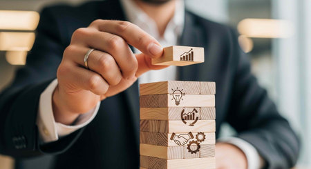 A businessman building a tower of wooden blocks with business icons in a modern office setting