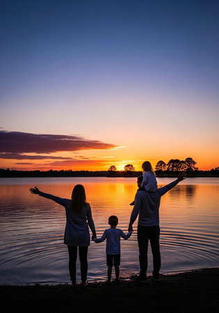A family of four stands together by the water at sunset, enjoying a peaceful moment.