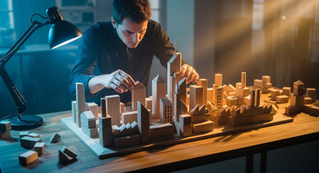 A man in a dark room builds a wooden city model with a lamp shining on it