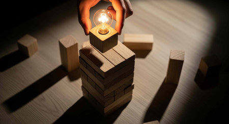 A hand holding a glowing light bulb above a precarious stack of wooden blocks on a tableの写真素材
