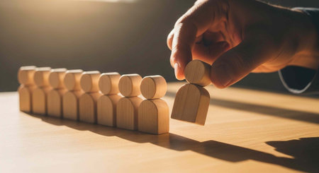 A hand placing a wooden figure among a group of identical figures on a tableの写真素材