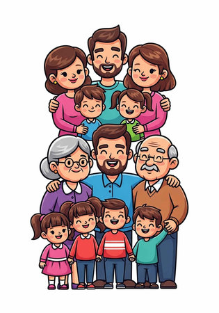 A large multi-generational family posing together and smiling for a photo