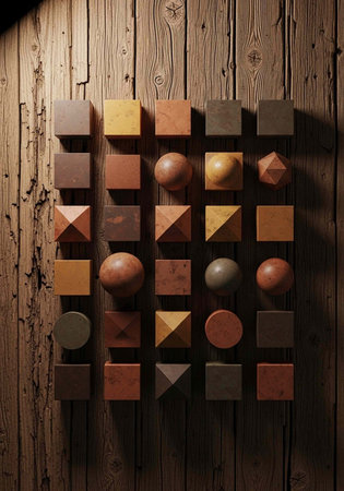 A wooden wall with a unique geometric art installation featuring various shapes and colors