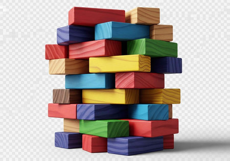 A colorful stack of wooden blocks on a transparent background for creative play or educational...