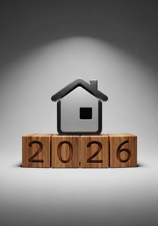 A house icon sits atop wooden blocks displaying the year 2026 in a studio setting with dramatic...