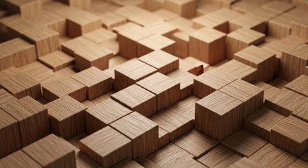 Interlocking wooden blocks, 3D puzzle pieces, wooden texture, strategy game