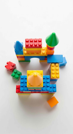 Vibrant plastic blocks in various shapes and colors forming two creative structures
