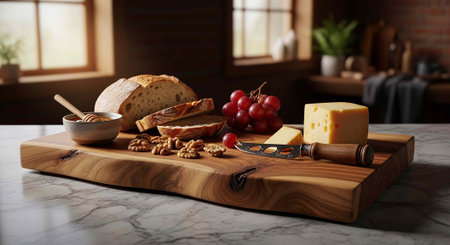 Wooden cutting board with cheese, bread, tomatoes, and nuts on a marble kitchen countertop