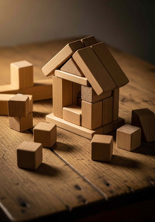 A small wooden house made of blocks on a wooden table with scattered blocks around itの写真素材