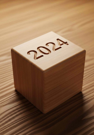 A small wooden cube with 2024 engraved on top, placed on a wooden table or floor